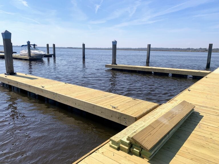 New floating dock and boarding finger on a river