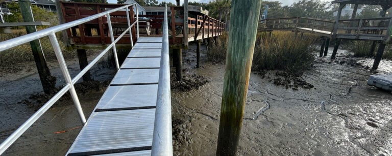 Aluminum gangway and walkway over tidal mudflats