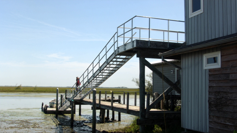 Steep aluminum gangway from a fixed pier down to a floating dock at low tide in Charleston