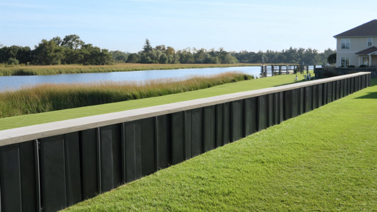 Vinyl sheet pile seawall with a concrete cap along a Charleston, SC waterfront lawn